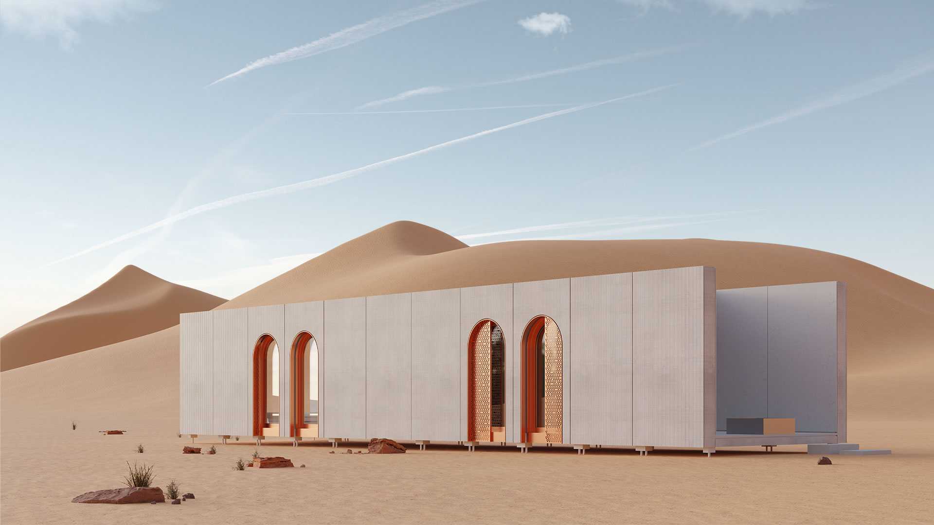Architecture visualization of ecolodge in desert